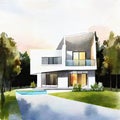 Watercolor of Rendering of contemporary house with pool and parking for sale or