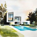 Watercolor of Rendering of contemporary house with pool and parking for sale or