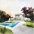 Watercolor of Rendering of contemporary house with pool and parking for sale or