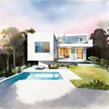 Watercolor of Rendering of contemporary house with pool and parking for sale or
