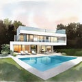 Watercolor of Rendering of contemporary house with pool and parking for sale or