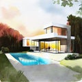 Watercolor of Rendering of contemporary house with pool and parking for sale or