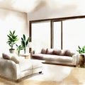 Watercolor of rendering of cozy living room with sof