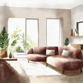 Watercolor of rendering of cozy living room with sof