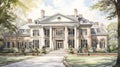 A watercolor rendering of a large mansion, AI