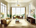 Watercolor of A rendering of a living room in a