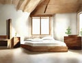 Watercolor of rendering of wooden bedroom in loft apartment with frame