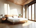 Watercolor of rendering of wooden bedroom in loft apartment with frame