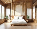 Watercolor of rendering of wooden bedroom in loft apartment with frame