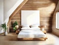 Watercolor of rendering of wooden bedroom in loft apartment with frame