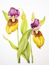 Watercolor Rendering of Yellow and Purple Lady Slippers AI Generated Royalty Free Stock Photo