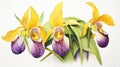 Watercolor Rendering of Yellow and Purple Lady Slippers AI Generated Royalty Free Stock Photo