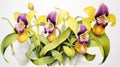 Watercolor Rendering of Yellow and Purple Lady Slippers AI Generated Royalty Free Stock Photo