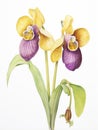 Watercolor Rendering of Yellow and Purple Lady Slippers AI Generated Royalty Free Stock Photo