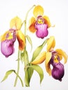 Watercolor Rendering of Yellow and Purple Lady Slippers AI Generated Royalty Free Stock Photo