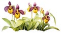 Watercolor Rendering of Yellow and Purple Lady Slippers AI Generated Royalty Free Stock Photo