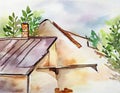 Watercolor of repairs the roof and tiles Royalty Free Stock Photo