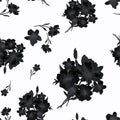 Watercolor restrained seamless pattern with black bouquet of flowers on white background. China style.