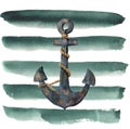 Watercolor retro anchor with rope on striped background. Vintage illustration isolated on white background. For design, prints or