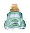 Watercolor retro beetle car with lettering for wedding invitation