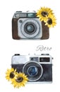 Watercolor retro cameras on a white background. Logo camera. Vintage cameras. Hand draw art illustration.Graphic for fabric,tee-sh Royalty Free Stock Photo