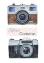 Watercolor retro cameras on a white background. Logo camera. Vintage cameras. Hand draw art illustration.Graphic for fabric,tee-sh Royalty Free Stock Photo