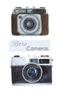 Watercolor retro cameras on a white background. Logo camera. Vintage cameras. Hand draw art illustration.Graphic for fabric,tee-sh Royalty Free Stock Photo
