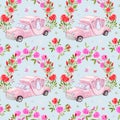 Watercolor retro cars. Hand painted retro car pattern. Wedding vintage pink car with an arch of rose flowers. Wedding Royalty Free Stock Photo