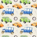 Watercolor retro cars. Seamless children's pattern with different machines. Hand painted retro car pattern. Retro