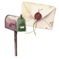 Watercolor retro envelope with sealing wax and postbox. Vintage mail icon isolated on white background. Hand painted Royalty Free Stock Photo