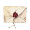 Watercolor retro envelope with sealing wax. Vintage mail icon isolated on white background. Hand painted design element Royalty Free Stock Photo