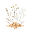 Watercolor retro golden keyhole with meadow dried flowers