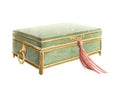 Watercolor retro green velvet jewelry box with red tassel and gold inlay Royalty Free Stock Photo