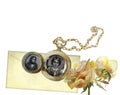 Watercolor retro love concept with open antique locket with photos of couple of lovers, old envelop and dry roses