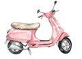 Watercolor retro scooter pink. Hand drawn illustration. Design for baby shower party, birthday, cake, holiday celebration design, Royalty Free Stock Photo