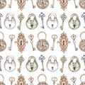 Watercolor retro style seamless pattern with keys and padlock clipart. vintage keys and locks repeat paper