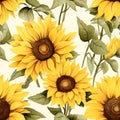 Watercolor retro sunflowers background, seamless pattern