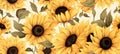 Watercolor retro sunflowers background, seamless pattern