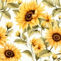 Watercolor retro sunflowers background, seamless pattern