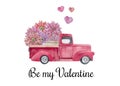 Watercolor Valentine`s day card with retro truck with flowers and balloons. Valentine`s day pink car illustration with flowers a