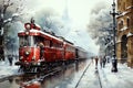 Watercolor retro vintage landscape with a Christmas train on the background of a winter city. Ai art Royalty Free Stock Photo