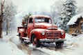 Watercolor retro vintage landscape with a Christmas truck on the background of a winter village. Ai art Royalty Free Stock Photo