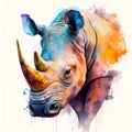 Watercolor rhinoceros face painting. Realistic wild safari animal illustration. Created with Generative AI technology Royalty Free Stock Photo