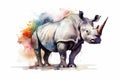 Watercolor rhinoceros illustration on white background