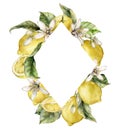 Watercolor rhombus frame of ripe lemons, leaves and flowers. Hand painted tropical border of fresh fruits isolated on