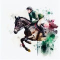 Watercolor rider and on dapple grey horse on white. England equestrian sport illustration.