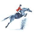 Watercolor rider and horse, jumping a hurdle in forest on white.