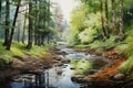 a watercolor of a river in a forest