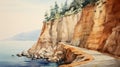 Watercolor Road Cliff Over Beautiful Ocean