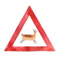Watercolor road sign with deer isolated on white background